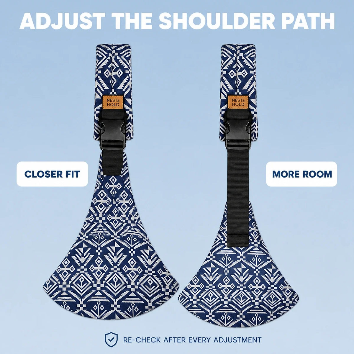 A curved pouch, one shoulder path and one visible buckle.